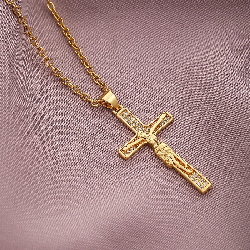 Christian CZ Jesus Cross Necklace For Women Men Stainless Steel Chains Religion Cross Pendants Choker Jewelry Prayer Gift