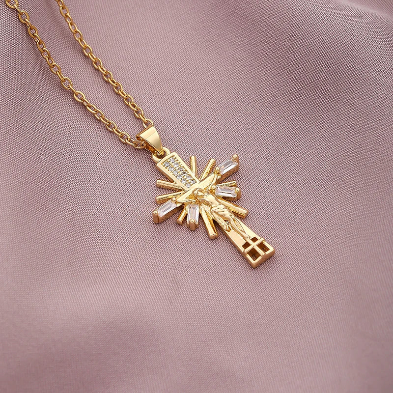 Christian CZ Jesus Cross Necklace For Women Men Stainless Steel Chains Religion Cross Pendants Choker Jewelry Prayer Gift