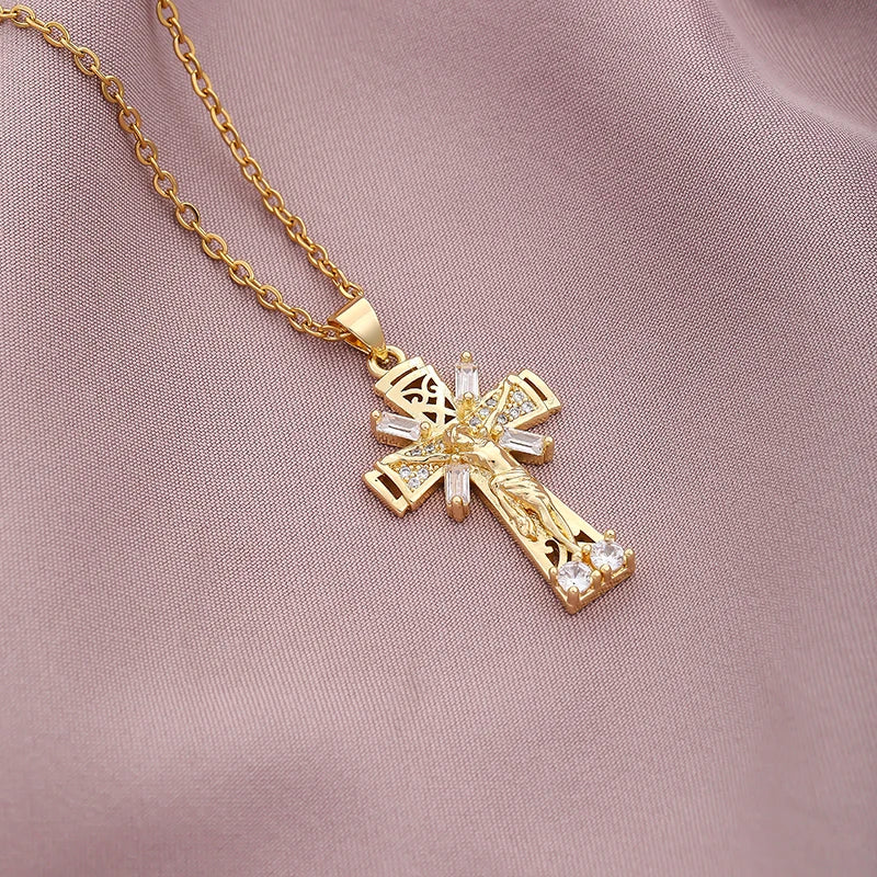 Christian CZ Jesus Cross Necklace For Women Men Stainless Steel Chains Religion Cross Pendants Choker Jewelry Prayer Gift
