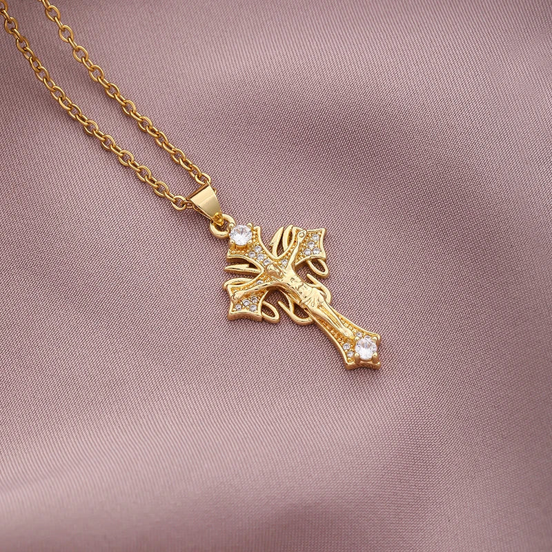 Christian CZ Jesus Cross Necklace For Women Men Stainless Steel Chains Religion Cross Pendants Choker Jewelry Prayer Gift