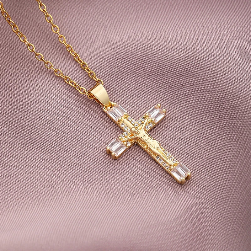 Christian CZ Jesus Cross Necklace For Women Men Stainless Steel Chains Religion Cross Pendants Choker Jewelry Prayer Gift