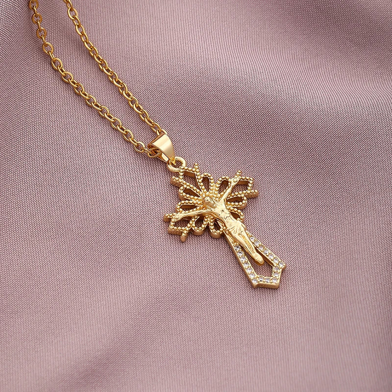 Christian CZ Jesus Cross Necklace For Women Men Stainless Steel Chains Religion Cross Pendants Choker Jewelry Prayer Gift