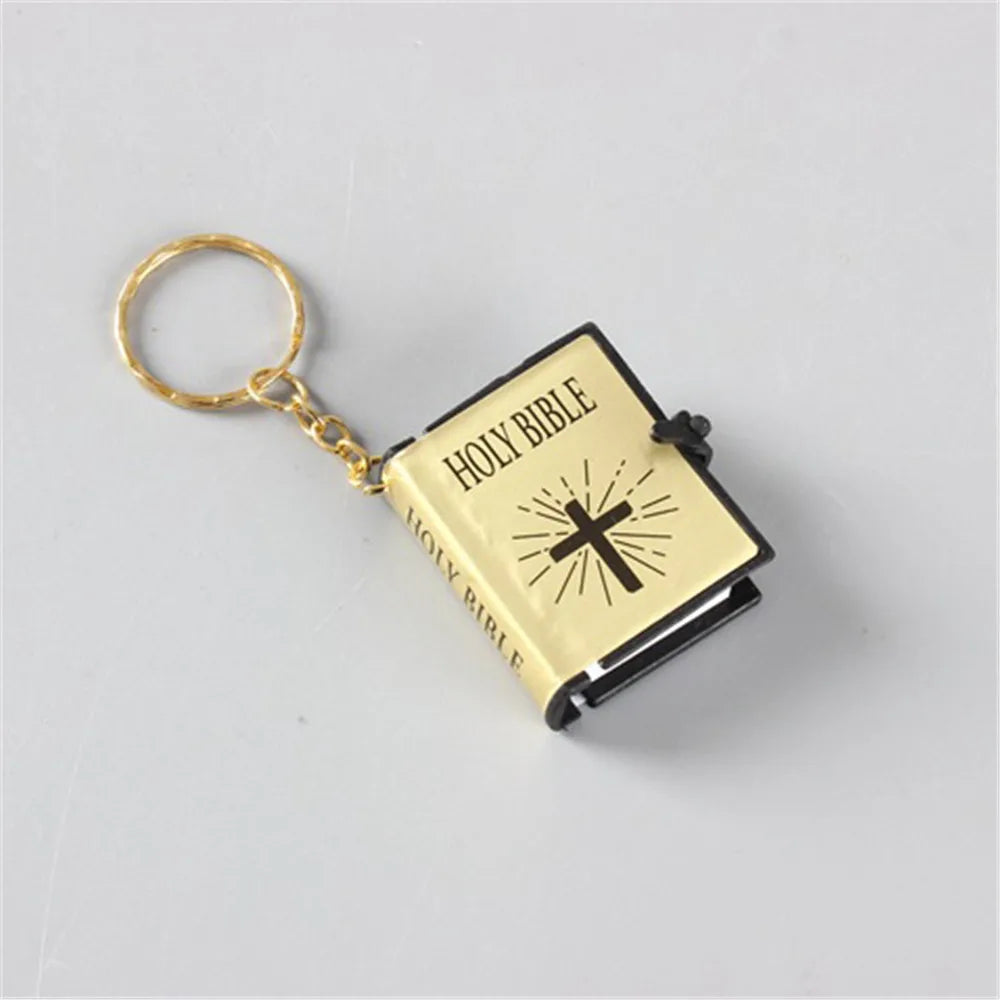 Gold Color Mini Holy Bible Keychain Real Paper Can Read Key Chain Pendant Keyring Fashion Religious Jewelry A865
