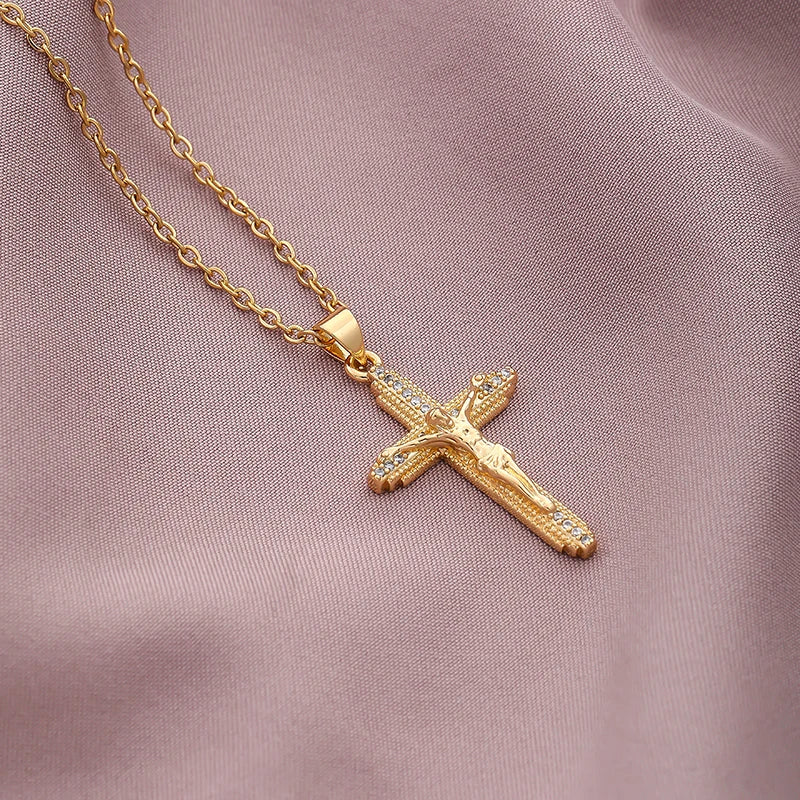 Christian CZ Jesus Cross Necklace For Women Men Stainless Steel Chains Religion Cross Pendants Choker Jewelry Prayer Gift