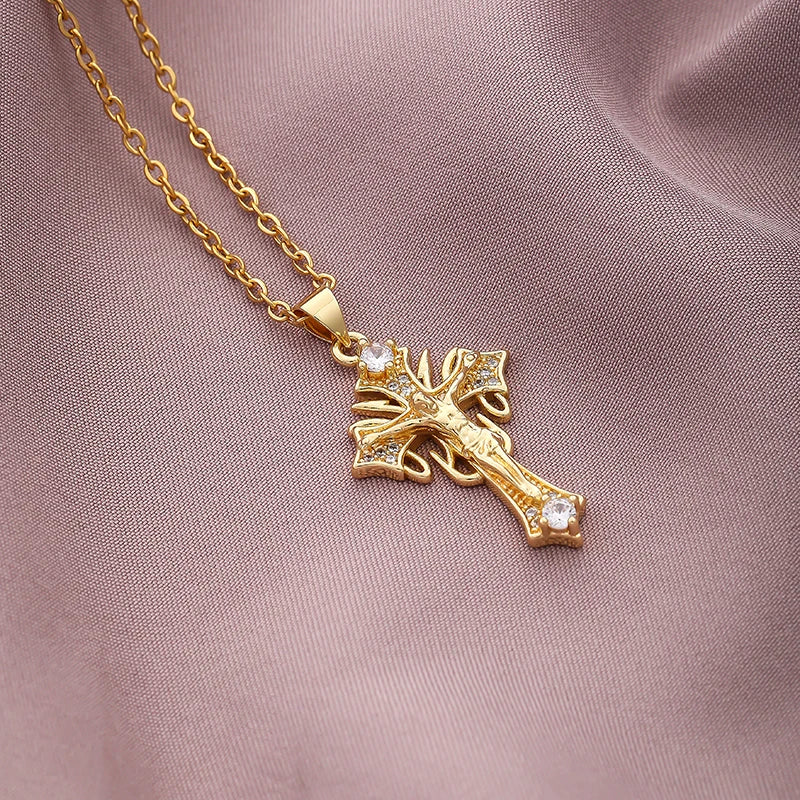 Christian CZ Jesus Cross Necklace For Women Men Stainless Steel Chains Religion Cross Pendants Choker Jewelry Prayer Gift