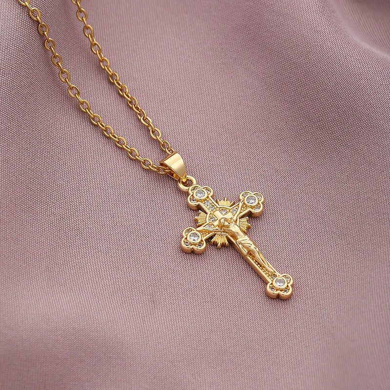 Christian CZ Jesus Cross Necklace For Women Men Stainless Steel Chains Religion Cross Pendants Choker Jewelry Prayer Gift