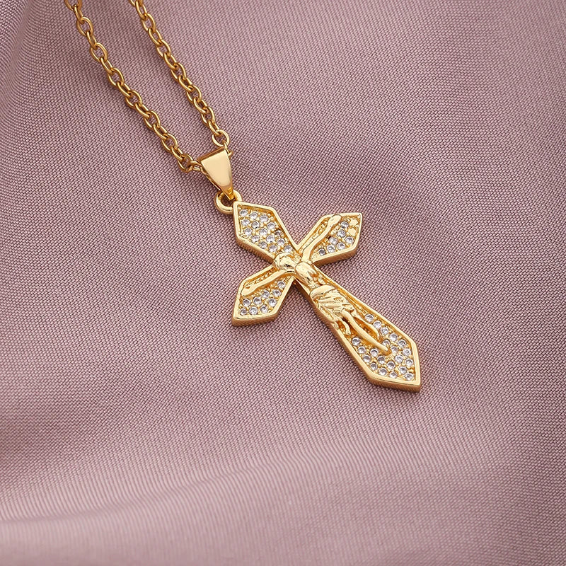 Christian CZ Jesus Cross Necklace For Women Men Stainless Steel Chains Religion Cross Pendants Choker Jewelry Prayer Gift