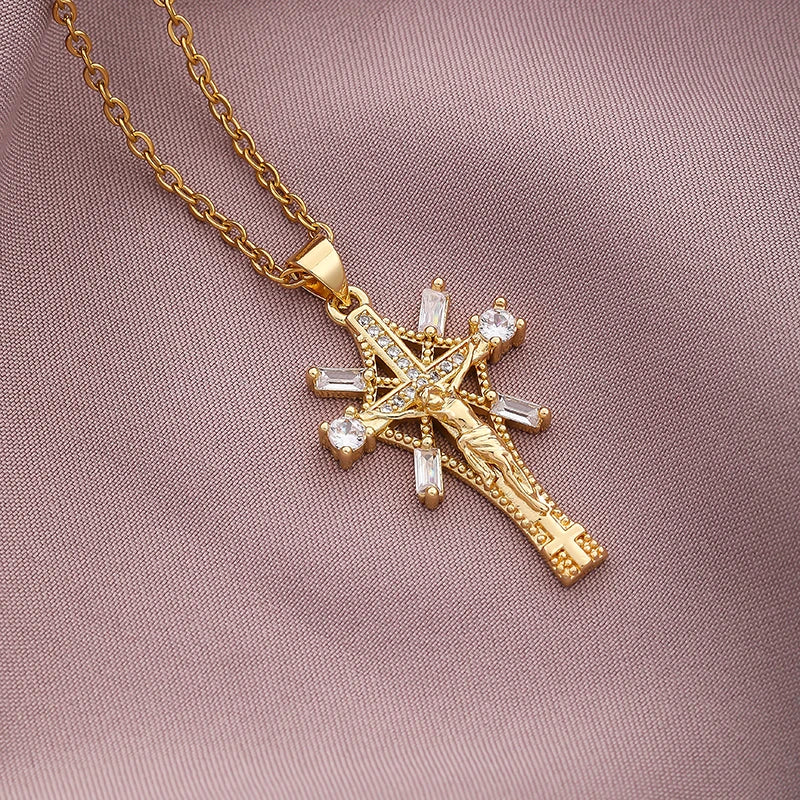 Christian CZ Jesus Cross Necklace For Women Men Stainless Steel Chains Religion Cross Pendants Choker Jewelry Prayer Gift