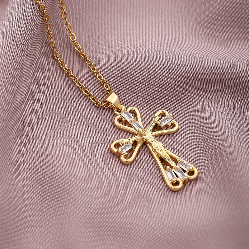 Christian CZ Jesus Cross Necklace For Women Men Stainless Steel Chains Religion Cross Pendants Choker Jewelry Prayer Gift