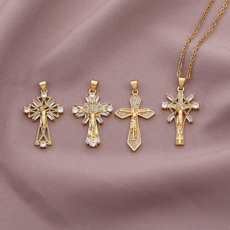 Christian CZ Jesus Cross Necklace For Women Men Stainless Steel Chains Religion Cross Pendants Choker Jewelry Prayer Gift