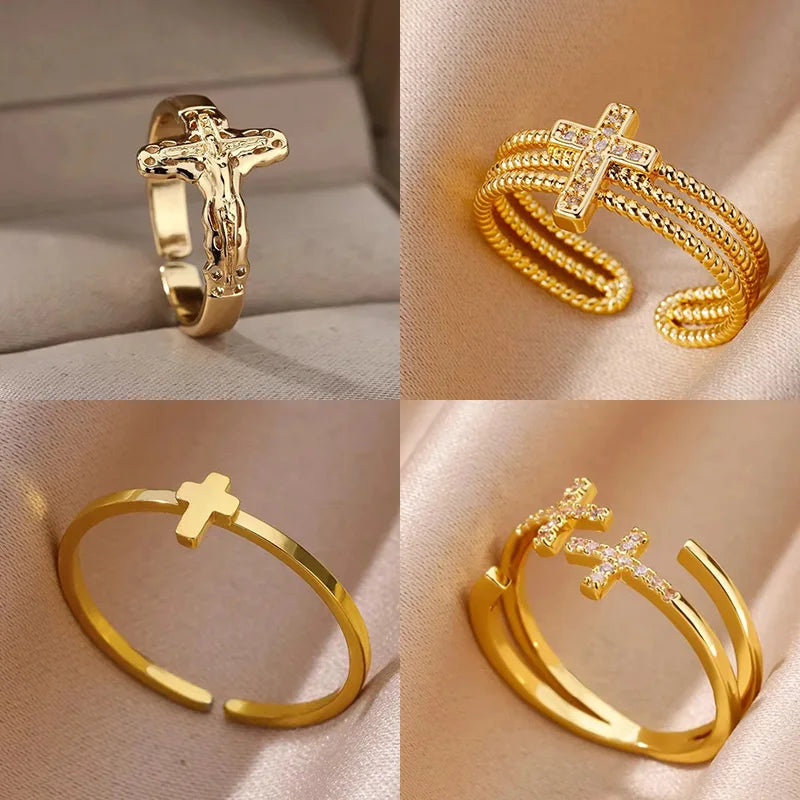 Vintage Jesus Cross Rings For Women Men Gold Color Stainless Steel Jesus Cross Adjustable Ring Religious Party Jewelry Gift