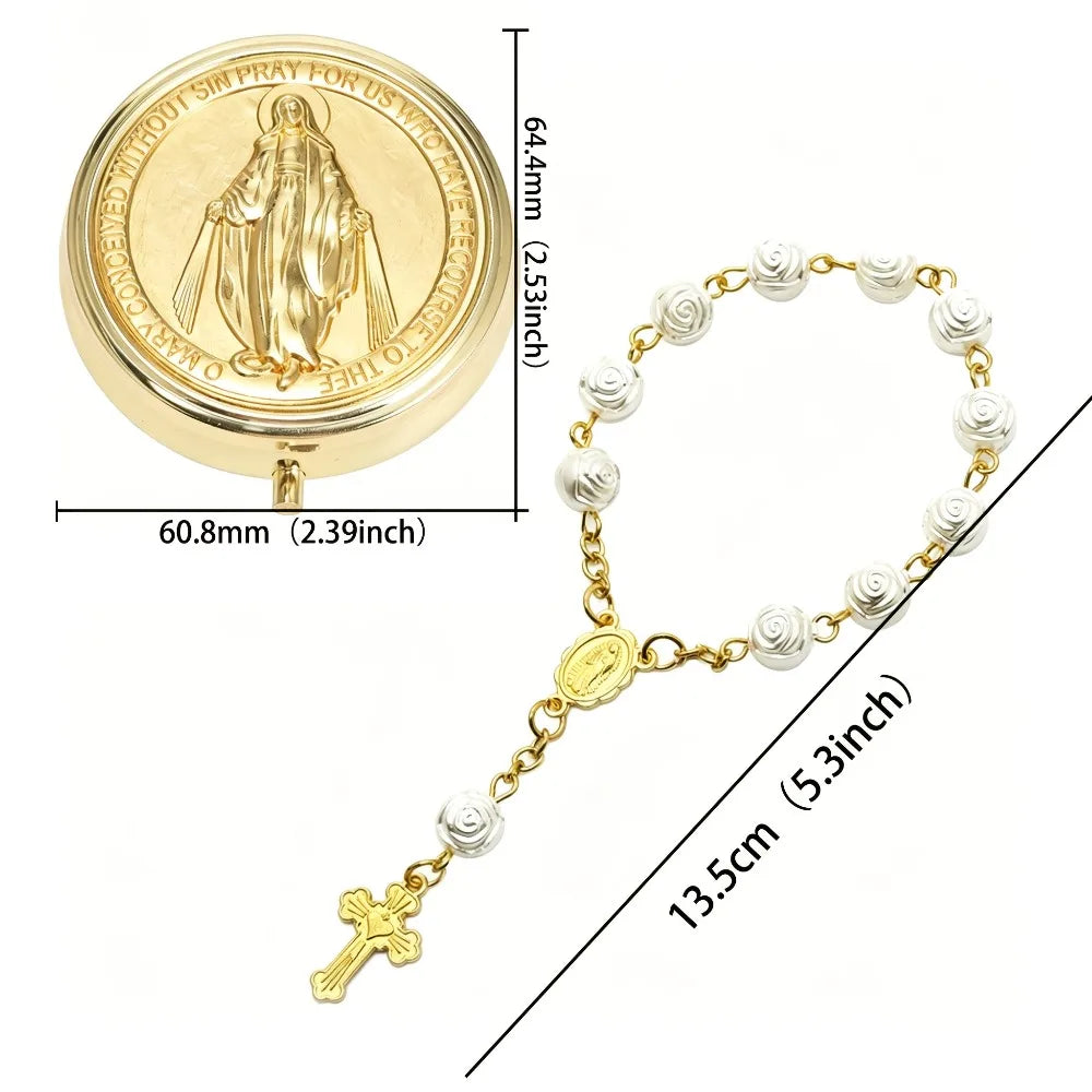 1‑5 Sets Golden Virgin Mary Rosary Box & Rose Bead Rosary Bracelet Catholic Religious Keepsake Church Communion Favor Gift