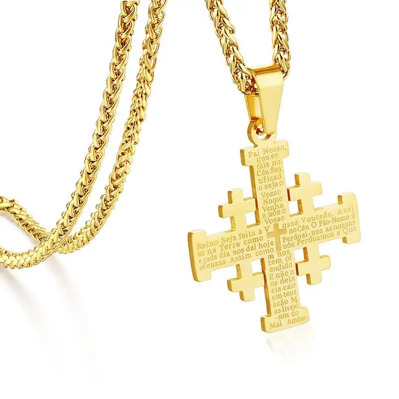 Christian Jerusalem Cross Pendant Necklace For Men Stainless Steel Bible Verse Lord's Prayer Chain Religious Jewelry Collar