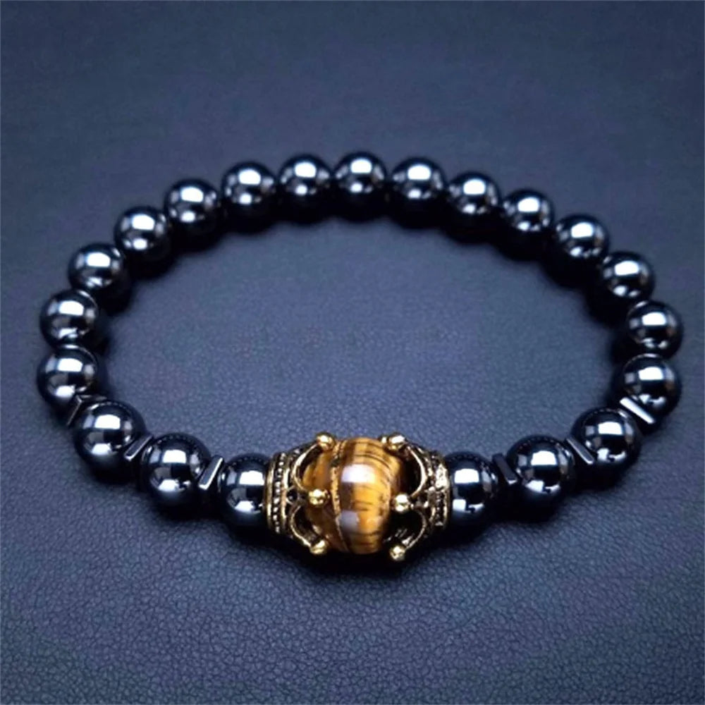Trendy Personality Nature Stone Bracelets For Men Vintage Crown Symbolic Power Hematite Ore Beaded Bracelets Gifts For Friend