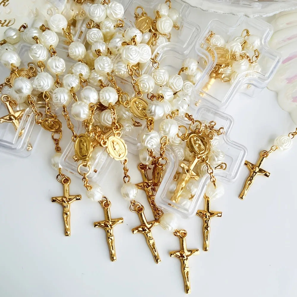 6‑24 Sets Rose Bead Mini Rosary Gift Set Cross Box Card Organza Bag Baptism Communion Christmas Party Favor Religious Bulk Gift