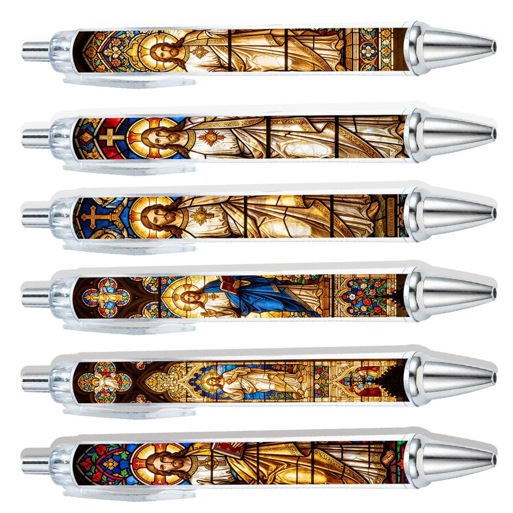 6PCS Christian round Pen with Jesus Image Church Window Design Religious Ballpoint Pen Easter Gift Office Stationery