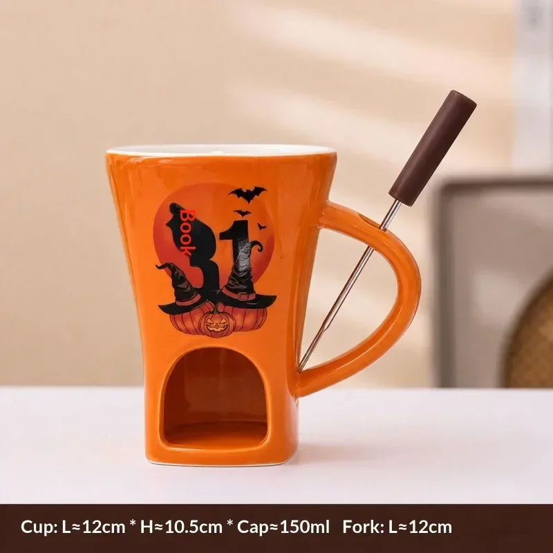 Festive Pattern Ceramic Chocolate Fondue Mug with Dipping Fork Individual Melting Cup for Indoor Dessert Party Holiday Gift