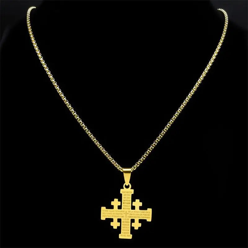 Christian Jerusalem Cross Pendant Necklace For Men Stainless Steel Bible Verse Lord's Prayer Chain Religious Jewelry Collar