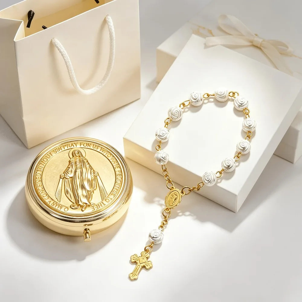 1‑5 Sets Golden Virgin Mary Rosary Box & Rose Bead Rosary Bracelet Catholic Religious Keepsake Church Communion Favor Gift