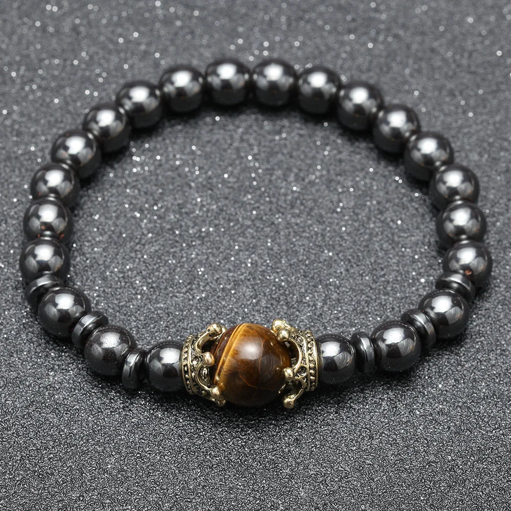 Trendy Personality Nature Stone Bracelets For Men Vintage Crown Symbolic Power Hematite Ore Beaded Bracelets Gifts For Friend