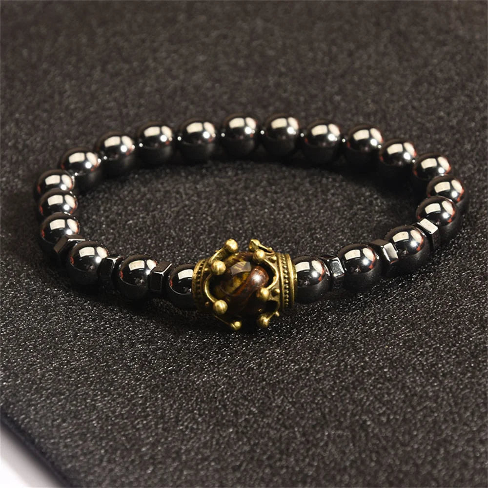 Trendy Personality Nature Stone Bracelets For Men Vintage Crown Symbolic Power Hematite Ore Beaded Bracelets Gifts For Friend