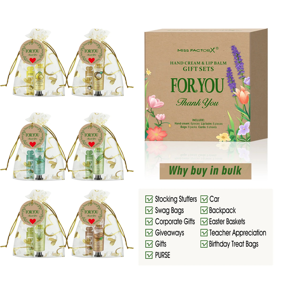 6 Sets/Box Wedding Companion Gift Set, Hand Cream Set Lip Balm Set, Love Thank You Card and Love Gauze Bag, Party Gift Distribut