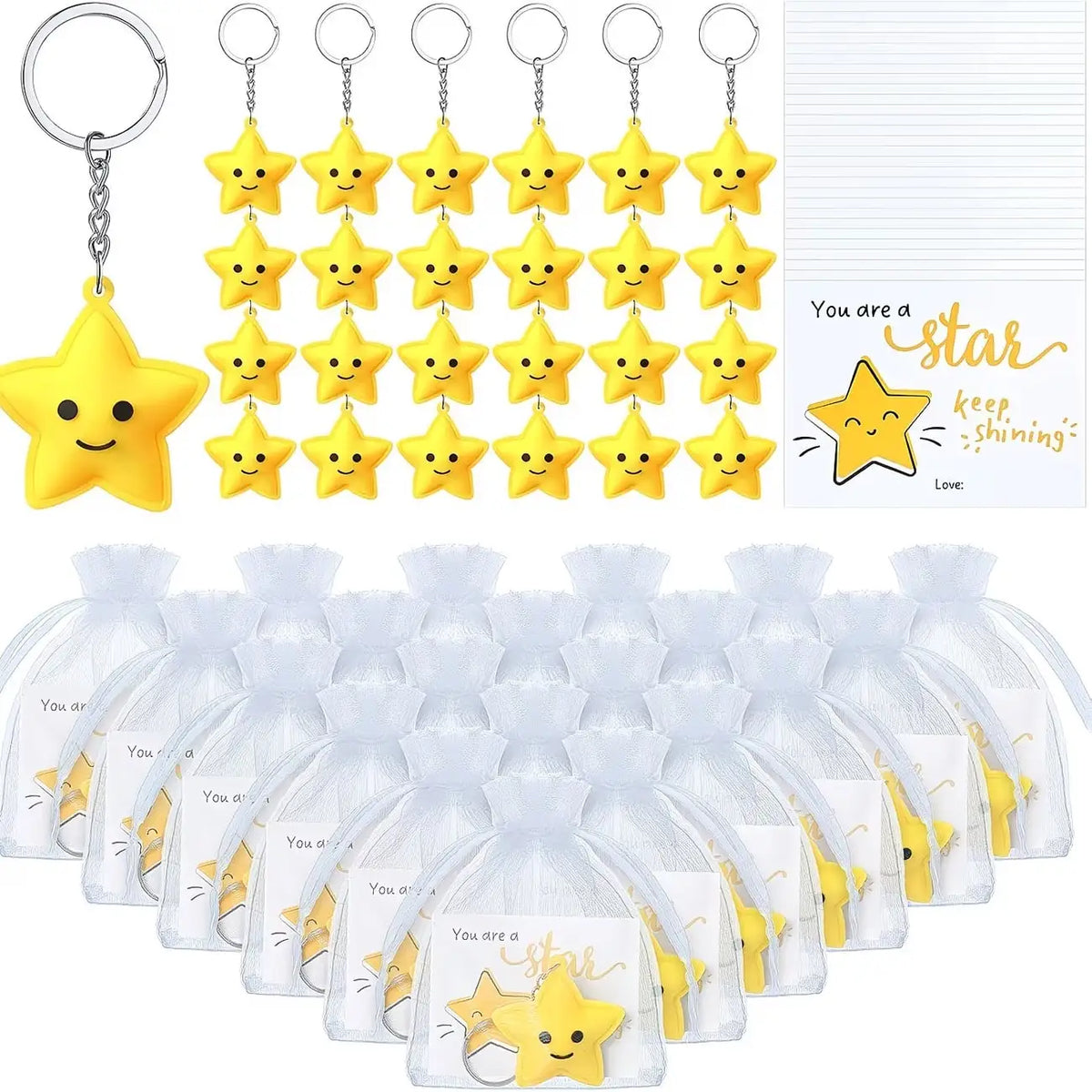 30-Piece Set: Cute Star Keychains, with inspiring Star Cards and Transparent Organza Bags — Thank You Gifts, Rewards, and Party