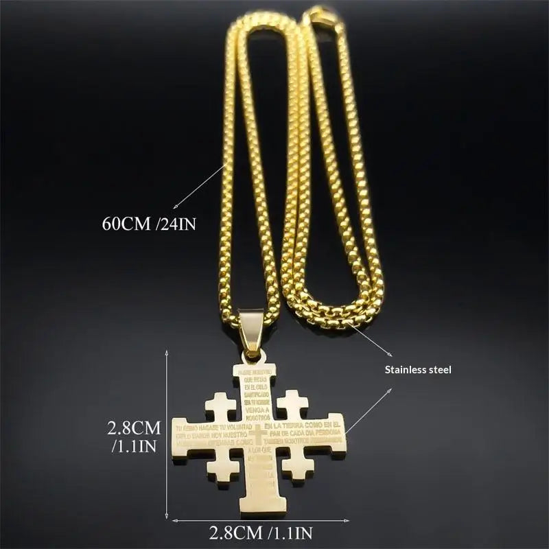 Christian Jerusalem Cross Pendant Necklace For Men Stainless Steel Bible Verse Lord's Prayer Chain Religious Jewelry Collar