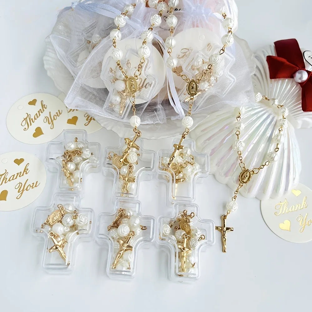 6‑24 Sets Rose Bead Mini Rosary Gift Set Cross Box Card Organza Bag Baptism Communion Christmas Party Favor Religious Bulk Gift