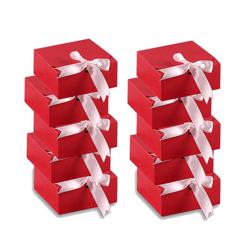 10PCS Christmas Gift Boxes Paper Box With Ribbon Wedding Birthday Party Favor Candy Chocolate Cookie Biscuit Treat Packaging Set