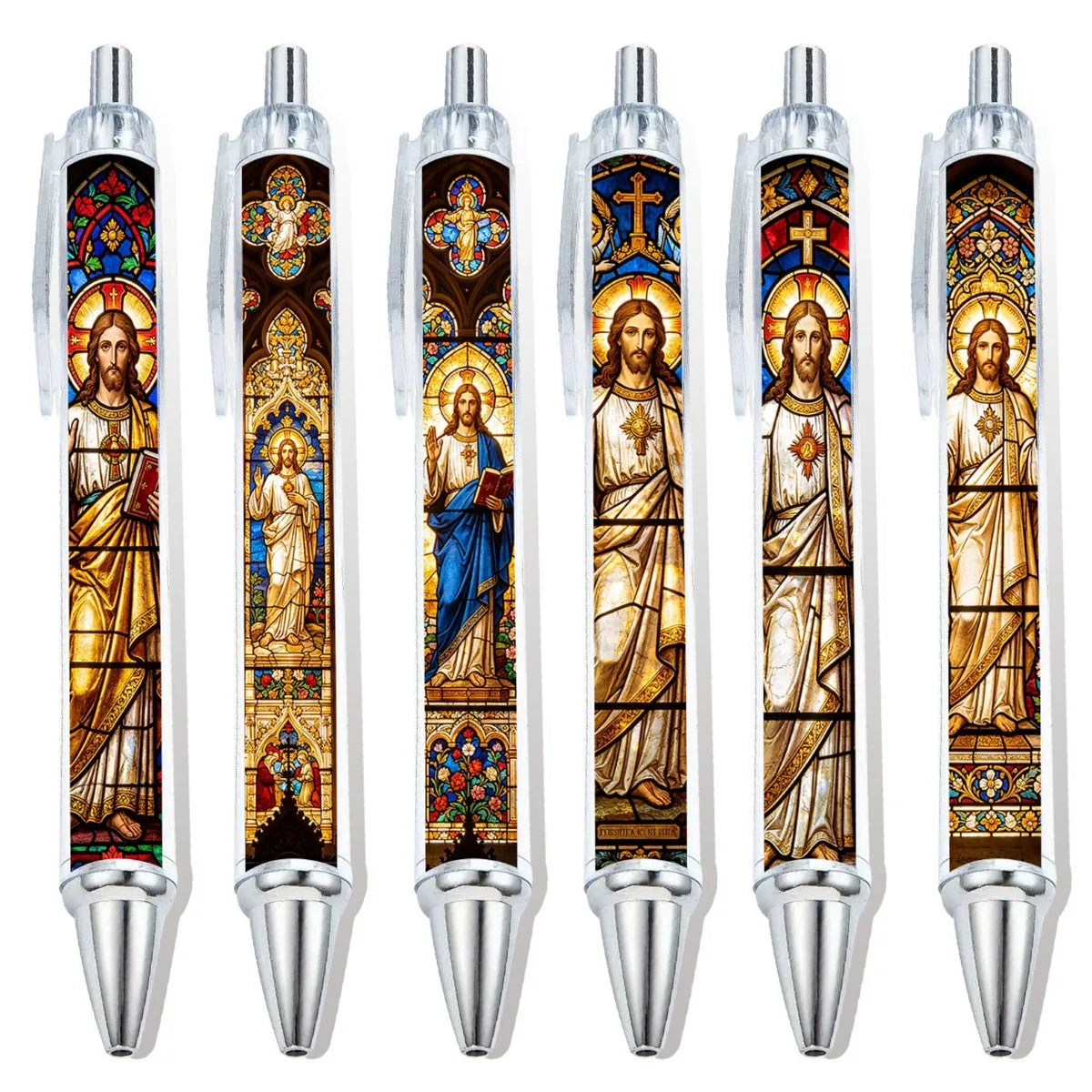 6PCS Christian round Pen with Jesus Image Church Window Design Religious Ballpoint Pen Easter Gift Office Stationery