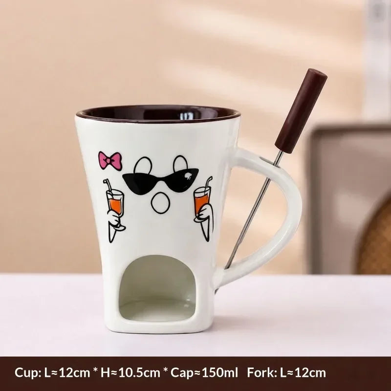 Festive Pattern Ceramic Chocolate Fondue Mug with Dipping Fork Individual Melting Cup for Indoor Dessert Party Holiday Gift