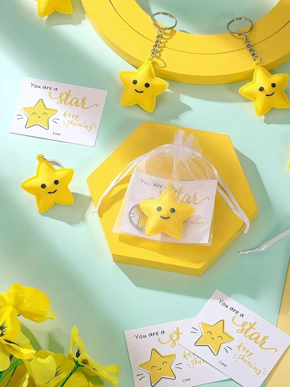 30-Piece Set: Cute Star Keychains, with inspiring Star Cards and Transparent Organza Bags — Thank You Gifts, Rewards, and Party