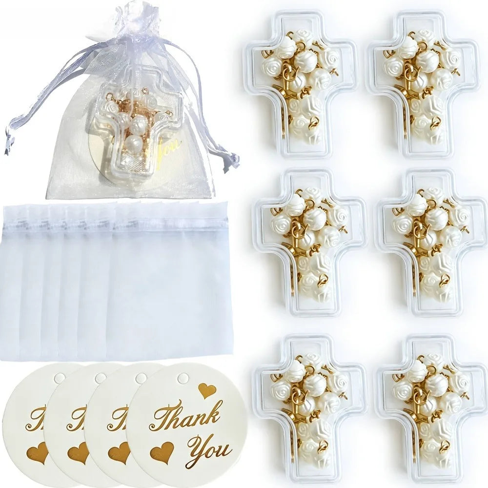 6‑24 Sets Rose Bead Mini Rosary Gift Set Cross Box Card Organza Bag Baptism Communion Christmas Party Favor Religious Bulk Gift
