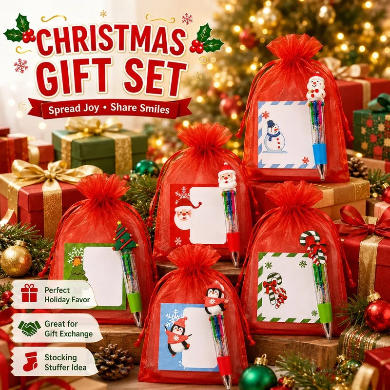 8 Set Christmas Stationery Gift Include Notepad Ballpoint Pen Red Gauze Pouch Exchange Gift For Holiday Party Classroom Rewards