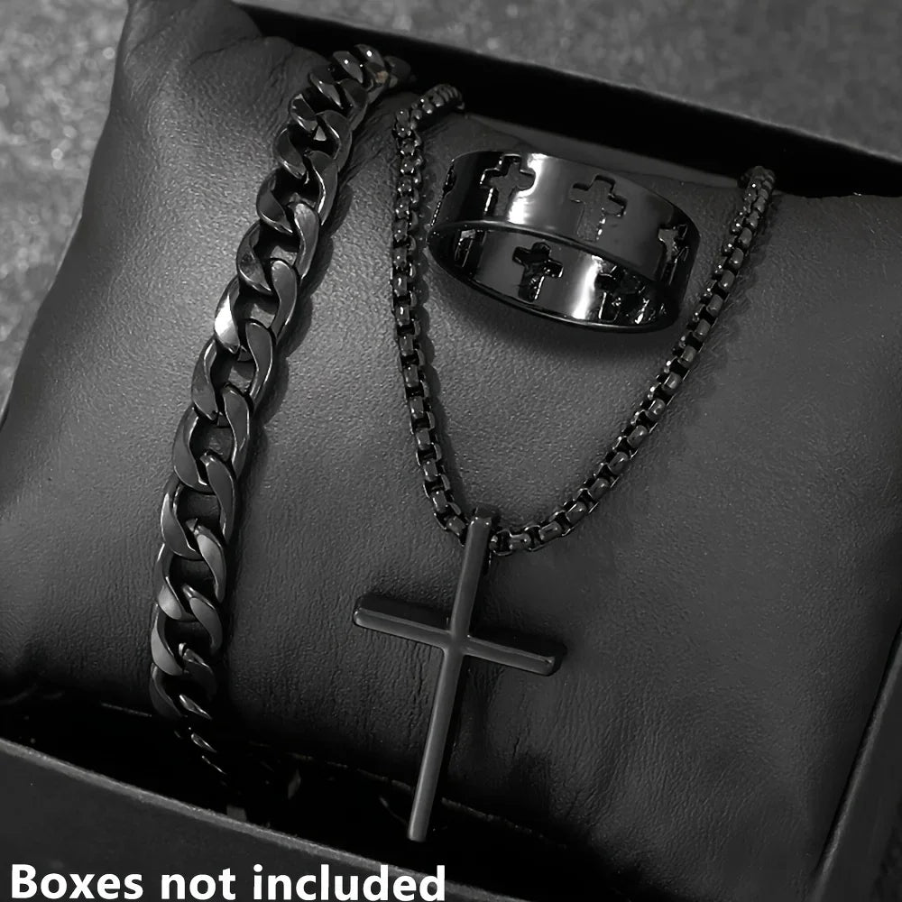 Cross Jewelry Set – Bracelet, Necklace & Ring in Gold, Silver & Black