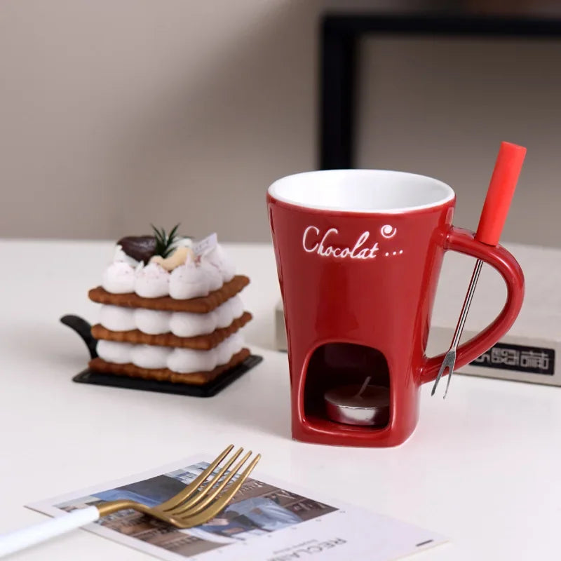 Festive Pattern Ceramic Chocolate Fondue Mug with Dipping Fork Individual Melting Cup for Indoor Dessert Party Holiday Gift