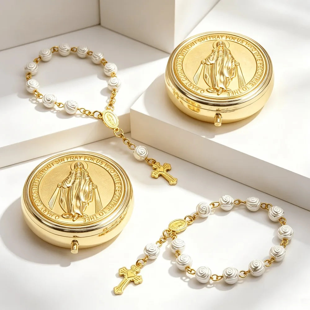 1‑5 Sets Golden Virgin Mary Rosary Box & Rose Bead Rosary Bracelet Catholic Religious Keepsake Church Communion Favor Gift