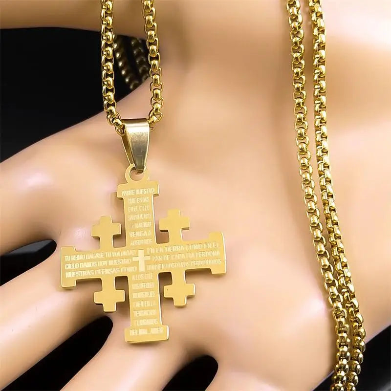 Christian Jerusalem Cross Pendant Necklace For Men Stainless Steel Bible Verse Lord's Prayer Chain Religious Jewelry Collar