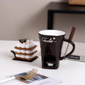 Festive Pattern Ceramic Chocolate Fondue Mug with Dipping Fork Individual Melting Cup for Indoor Dessert Party Holiday Gift