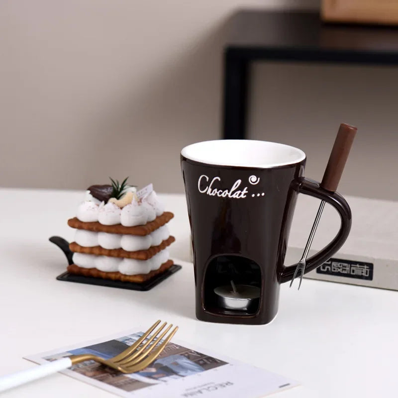 Festive Pattern Ceramic Chocolate Fondue Mug with Dipping Fork Individual Melting Cup for Indoor Dessert Party Holiday Gift