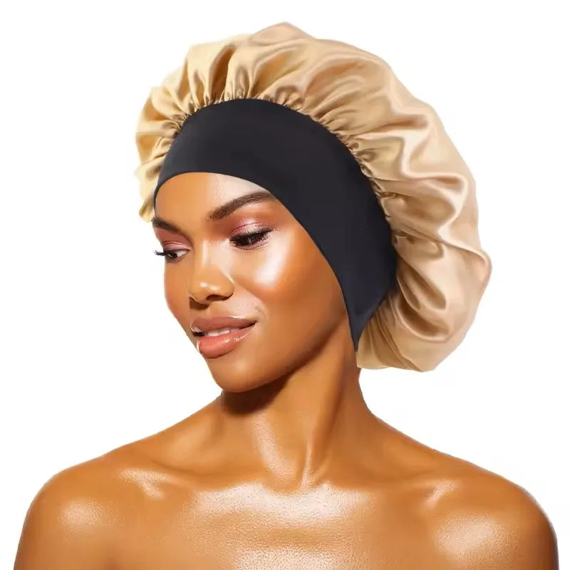 Women's Satin Solid Bonnets Wide-brimmed Night Sleeping Bathing Hat Unisex Head Wrap Elastic Band Cap Hair Care Bonnet