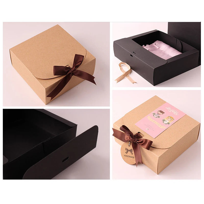 10PCS Christmas Gift Boxes Paper Box With Ribbon Wedding Birthday Party Favor Candy Chocolate Cookie Biscuit Treat Packaging Set