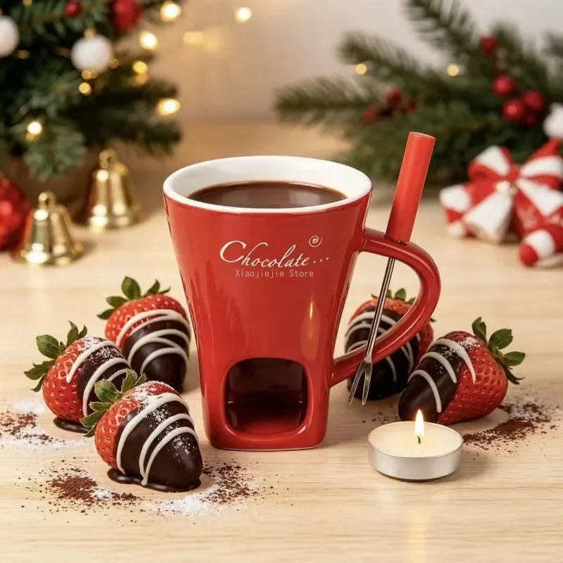 Festive Pattern Ceramic Chocolate Fondue Mug with Dipping Fork Individual Melting Cup for Indoor Dessert Party Holiday Gift