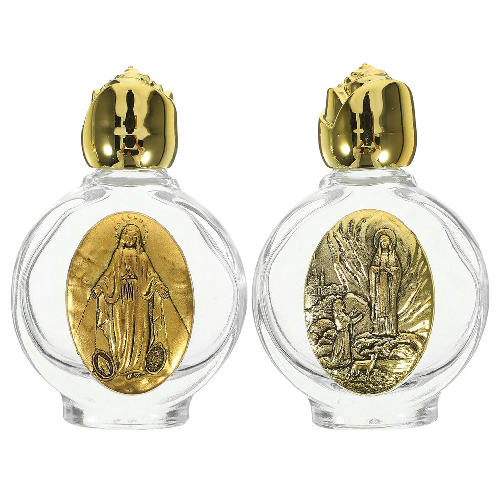 2Pcs Holy Water Bottle Glass Embossed Refillable Containers for Travel Perfume Storage Wedding Baptism Decorations