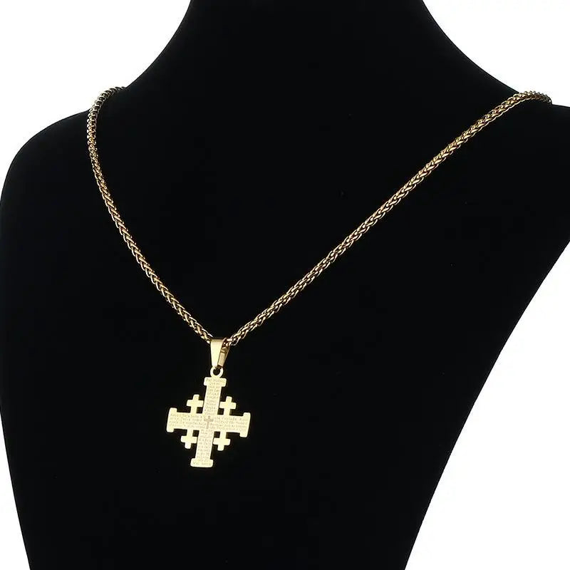 Christian Jerusalem Cross Pendant Necklace For Men Stainless Steel Bible Verse Lord's Prayer Chain Religious Jewelry Collar