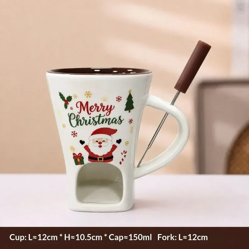 Festive Pattern Ceramic Chocolate Fondue Mug with Dipping Fork Individual Melting Cup for Indoor Dessert Party Holiday Gift