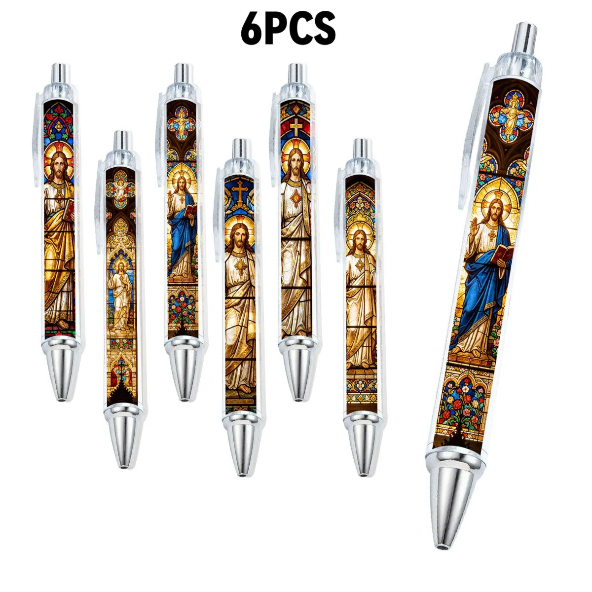 6PCS Christian round Pen with Jesus Image Church Window Design Religious Ballpoint Pen Easter Gift Office Stationery