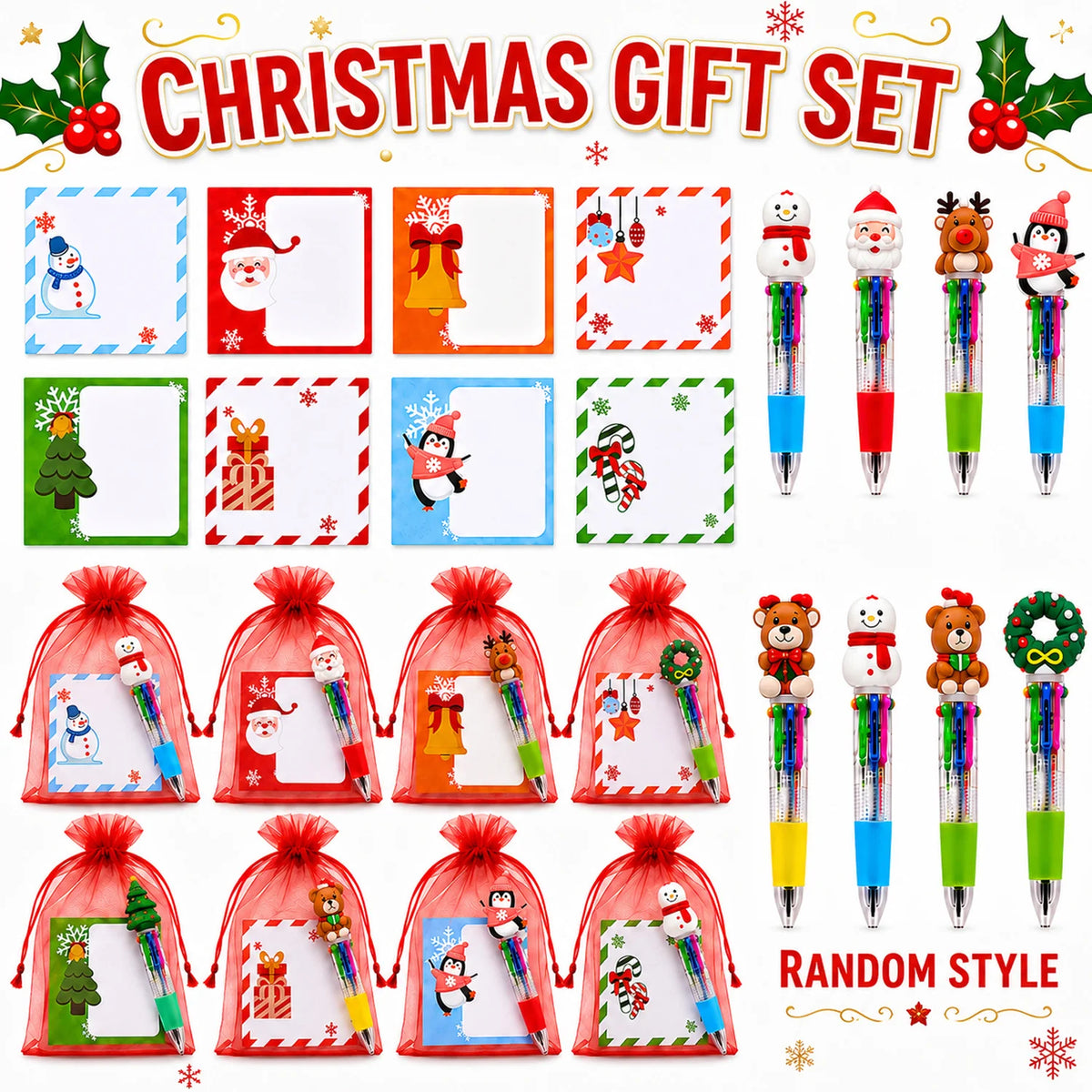 8 Set Christmas Stationery Gift Include Notepad Ballpoint Pen Red Gauze Pouch Exchange Gift For Holiday Party Classroom Rewards