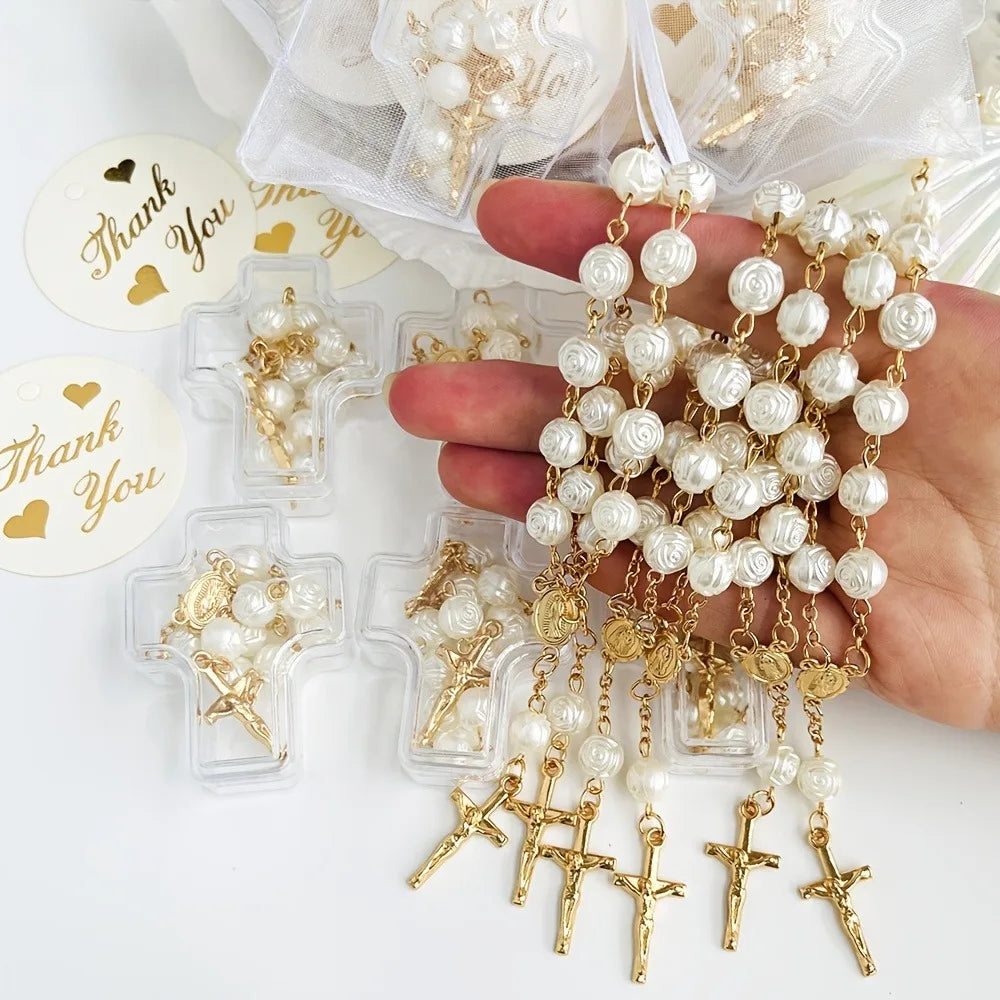6‑24 Sets Rose Bead Mini Rosary Gift Set Cross Box Card Organza Bag Baptism Communion Christmas Party Favor Religious Bulk Gift